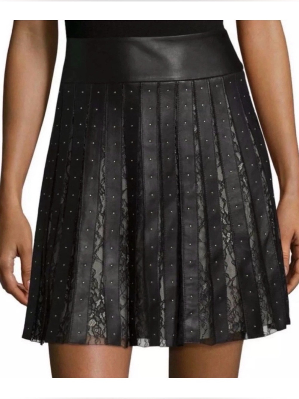 ALICE + OLIVIA Timika Metal Studded Leather Mini Skirt lace black/neutral - SZ 6